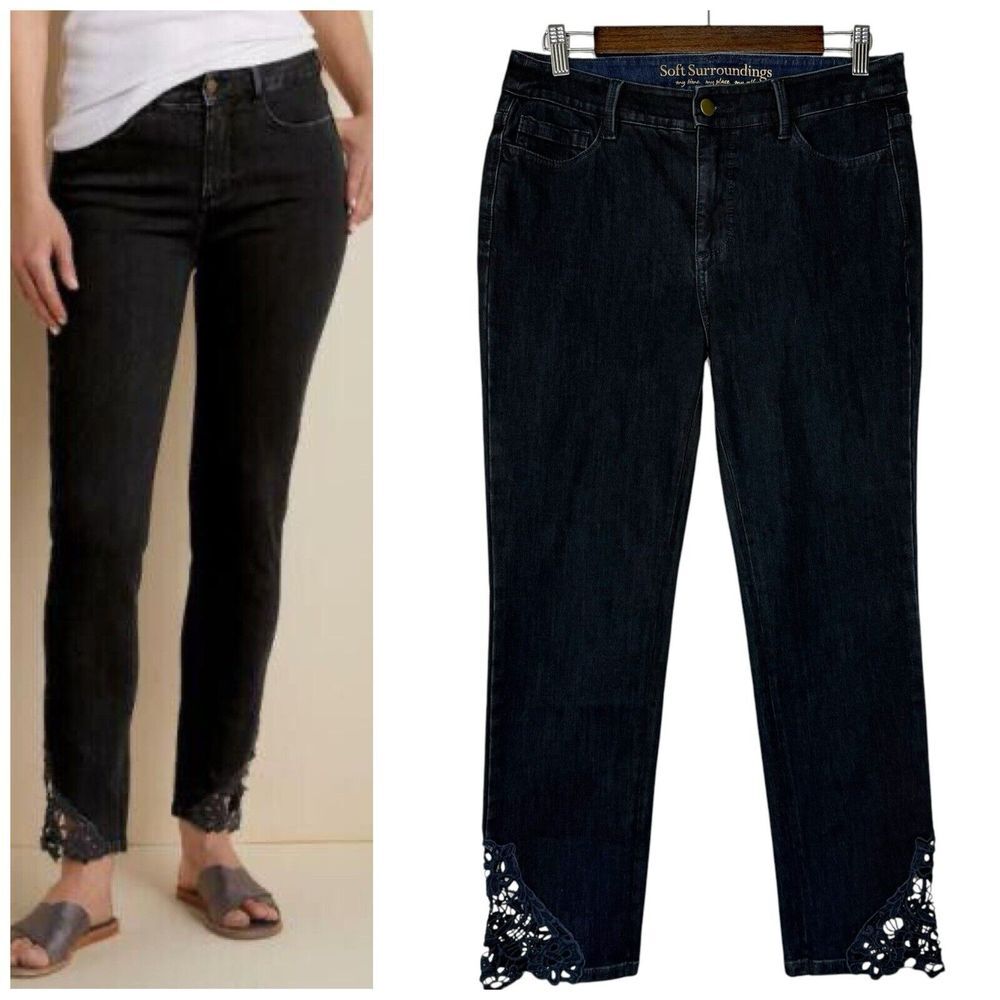 NWOT SOFT SURROUNDINGS Jeans 6 Petite Ankle Touch Of Lace‎ Crochet Hem Dark Wash